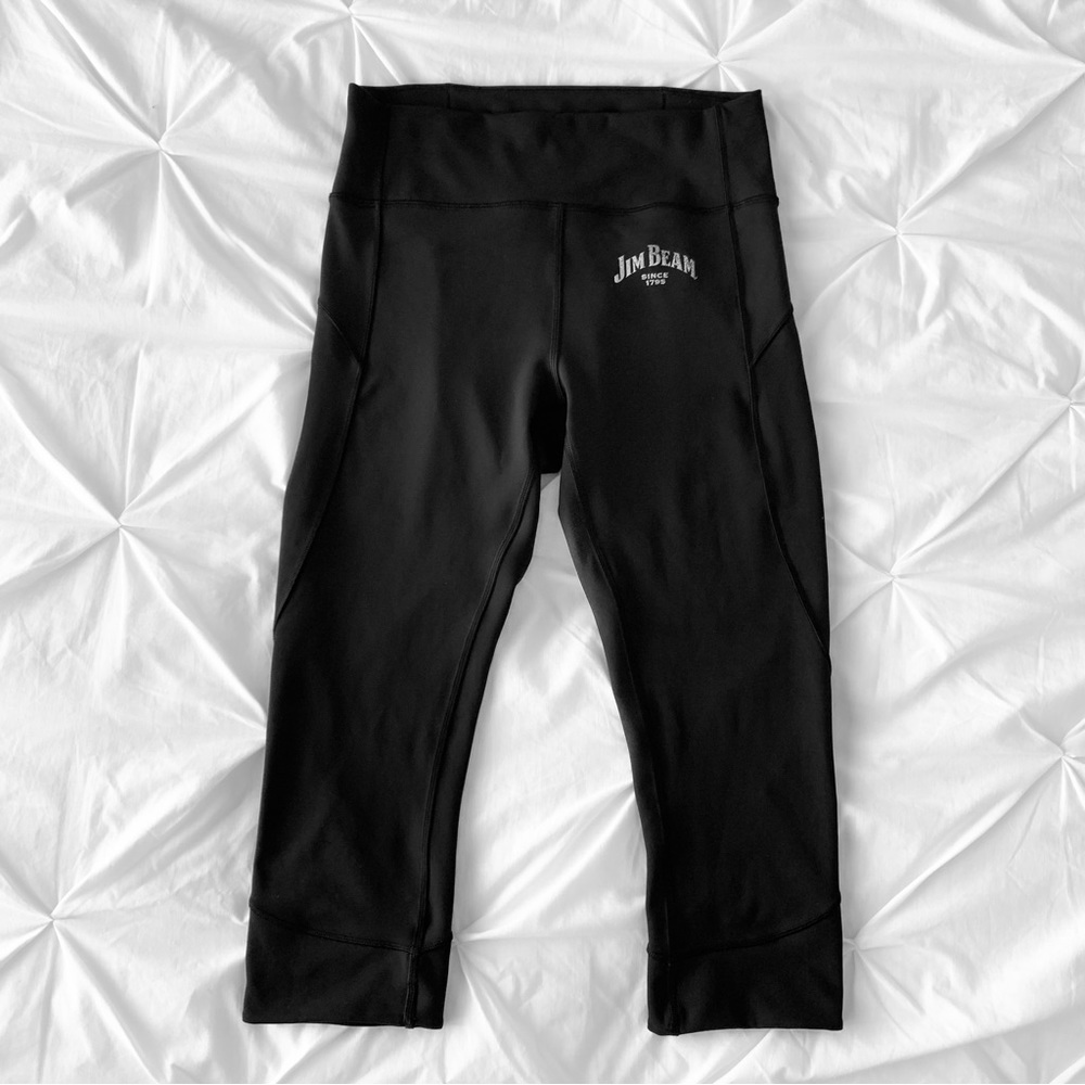 Lululemon In Movement Black Crop Leggings Everlux High Rise 19" + Jim Beam Decal